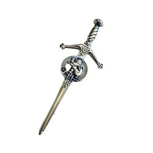 Lion Rampant Kilt Brooch Pin VTG Silver Pewter Scotland Sword Clan Crest Badge